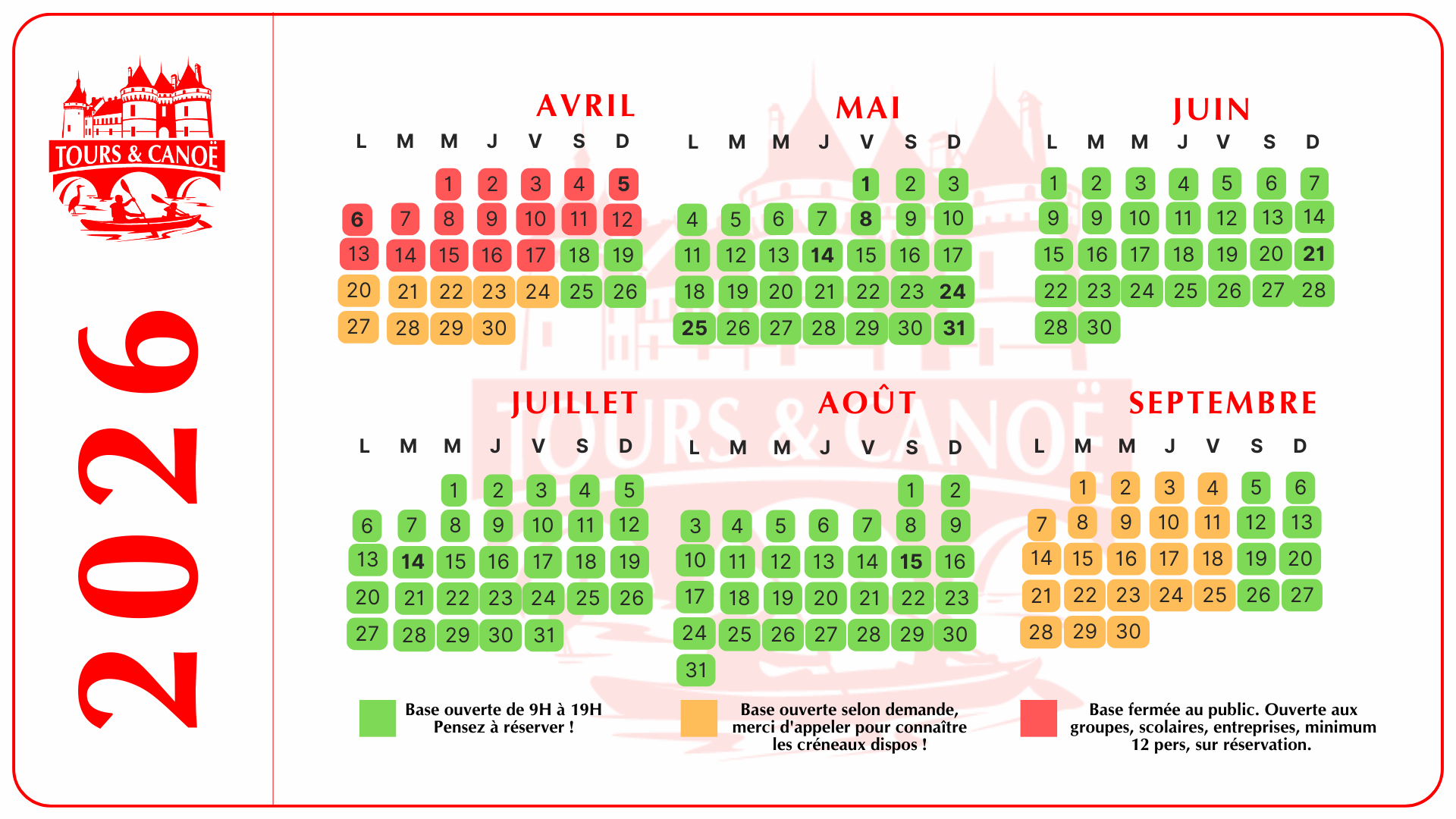 Calendrier ouverture 2026